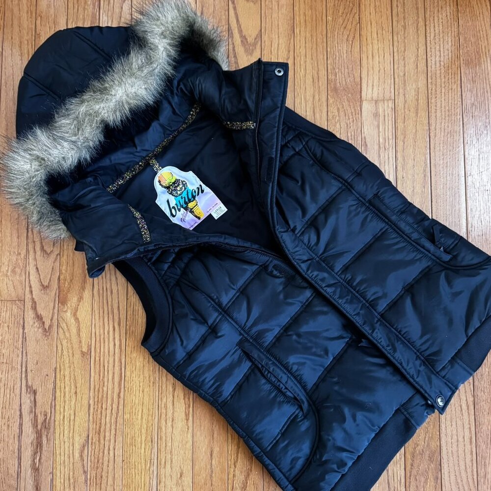 Burton DRYRIDE Black Hooded Ski Vest Women’s L – Faux Fur Lined, Insulated Layer